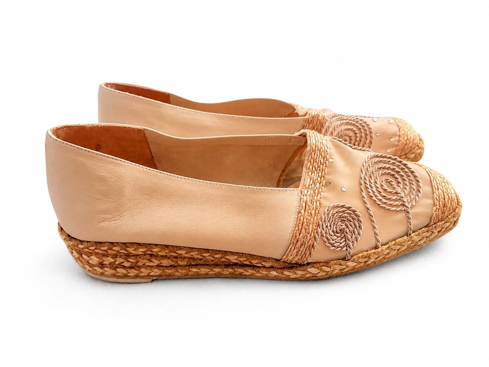 VTG Stuart Weitzman 7.5B Embroidered Mesh Leather Espadrille Wedge Shoes